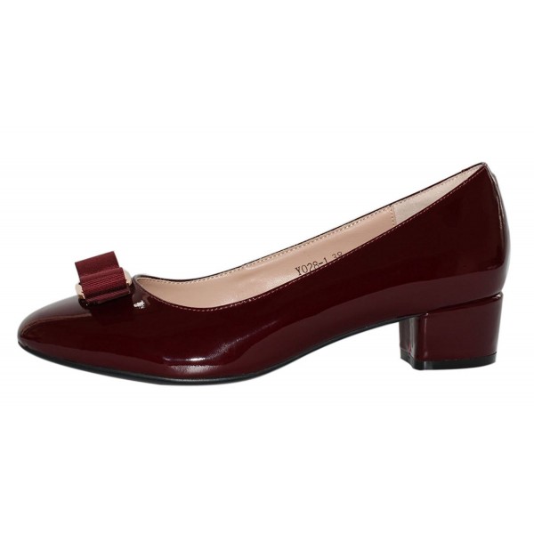 Women S Glossy Patent Leather Low Chunky Heel With Bow Dress Pumps