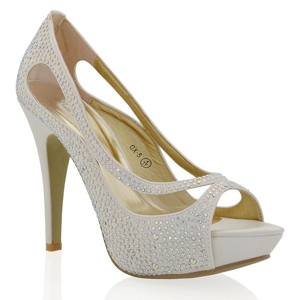 Womens Platform High Heel Peep Toe Satin Diamante Bridal Prom Shoes ...
