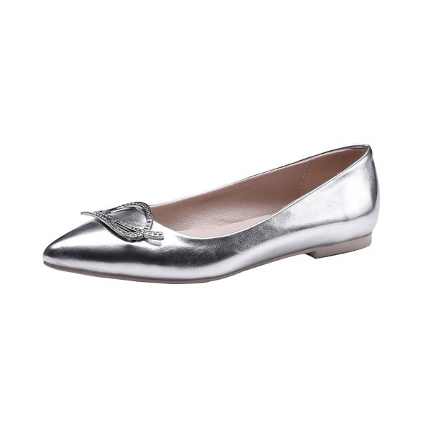 Womens Pointed Toe Comfortable Bow Flat Shoes - Silver - CJ17YGQNY4R