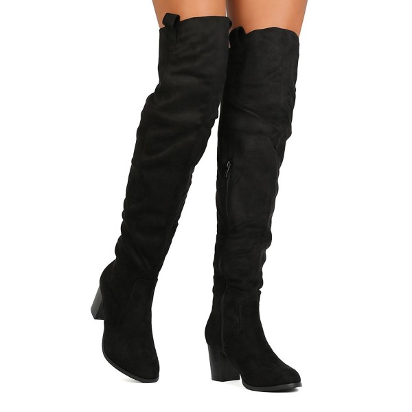 Womens Thigh High Boots Elastic Block Heel Over The Knee Boots Chunky ...