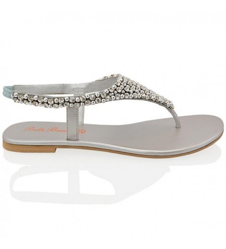 Womens Diamante Pearl Toe Post Flat Sandals - Silver - C011CAB16D3