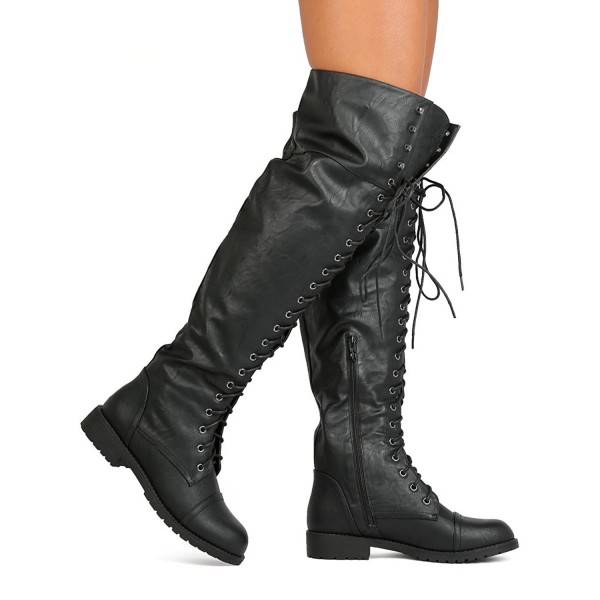 FG08 Women Leatherette Over The Knee Lace Up Combat Boot - Black ...