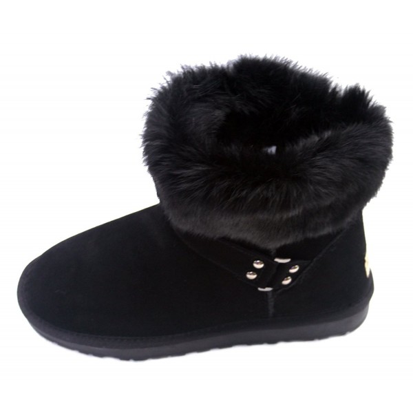 Women's Winter Leather Rabbit Fur Snow Ankle Boots - Black - CZ1216GZ80F