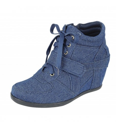 Women's Closed Round Toe Lace-Up Strappy Sneaker Wedge - Blue Denim ...