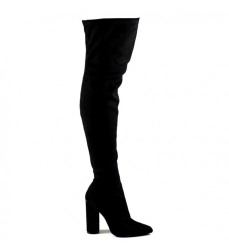 Womens Fitted Pointed Toe Stretch Thigh High Fashion Block Heel Boots ...