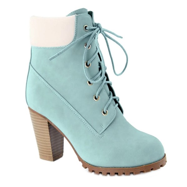 Womens Rugged Lace Up Stacked High Heel Ankle Boots - Light Blue ...