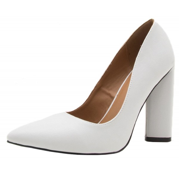 white pointed toe block heels