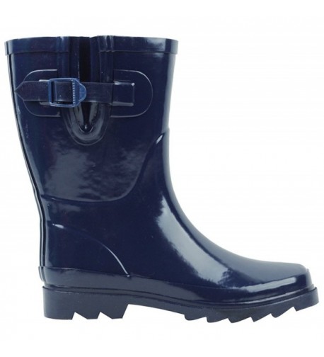 Women's Waterproof Pull On Mid Calf Welly Rain Boot - Navy - C0187C3EZ67