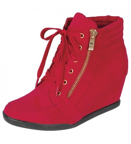 Women's Lace-Up Zipper Wedge Heel Fashion Sneaker - Red - CS17X67KZH3