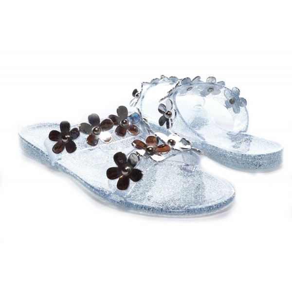 Women's Jelly Flat Slide Sandal With Flowers Emblems - Silver - CE184IIUYH0