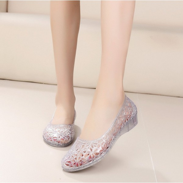 Womens Ladies Sandals Slip on Crystal Ballet Flat Hollow Glitter Jelly ...