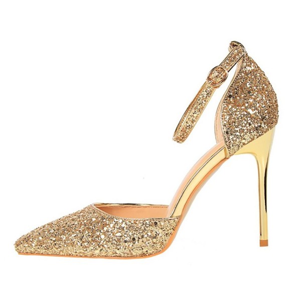 gold ankle strap heels closed toe